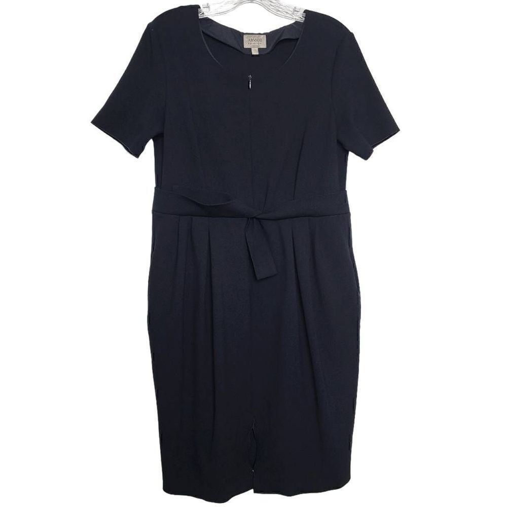 Vintage Armani Collezioni Navy Short Sleeve Belted Pencil Midi Dress Size 12